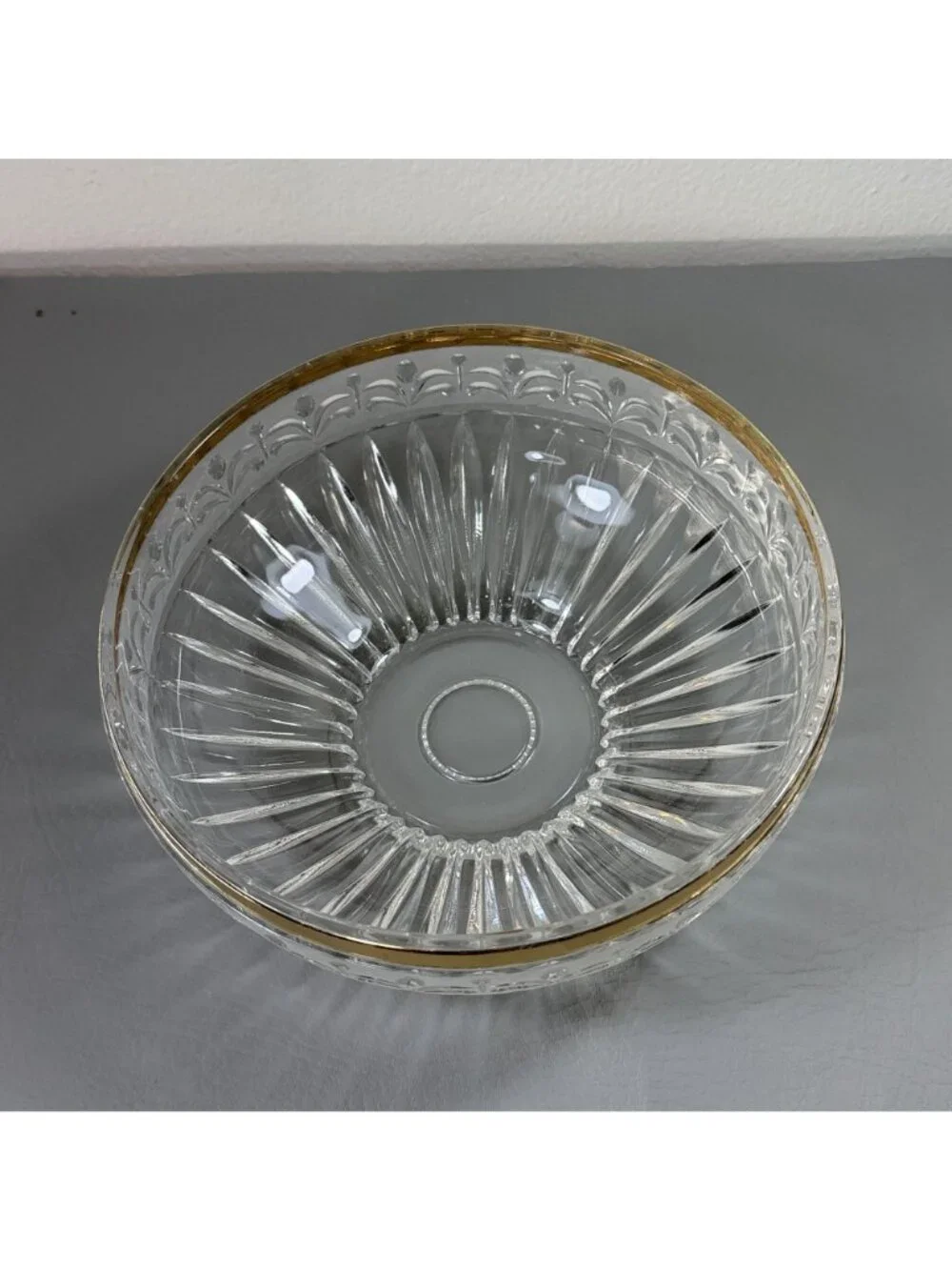 French Neoclassical Cut Crystal Bowl with Gold Rim Centerpiece Decor